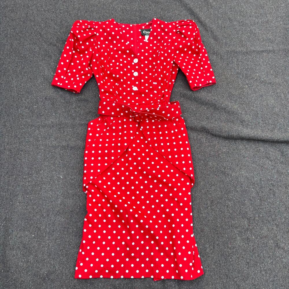 Women's Vintage 80's Choon Los Angeles Red Polka Dot Belted Peplum Dress Sz 4